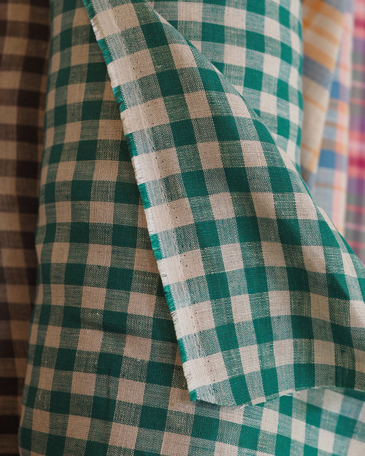 5.5 OZ YARN DYED LINEN, GREEN GINGHAM
